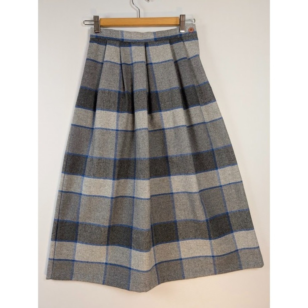 Lasting Impressions Pleated Midi Skirt Women 25 Waist Grey Blue Plaid Wool Blend